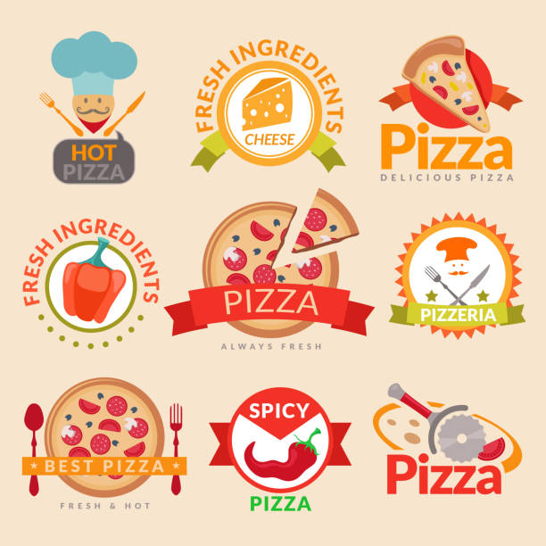 Pizzeria hot pizza fresh ingredients spicy delicious food label set...
