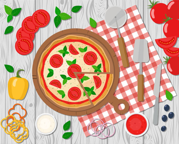 Pizza Margherita on the board. Pizza ingredients. Vector illustration. Flat design. margherita stock illustrations
