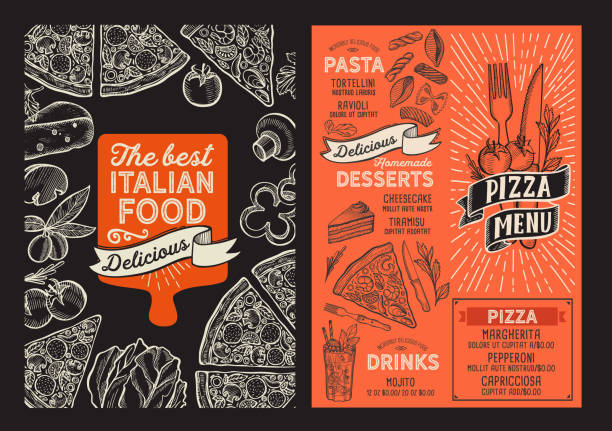 Pizza menu food template for restaurant with doodle hand-drawn graphic. Pizza menu template for restaurant on a blackboard background vector illustration brochure for food and drink cafe. Design layout with vintage lettering and doodle hand-drawn graphic. pasta backgrounds stock illustrations