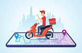 istock Pizza motorbike delivery. Urban landscape with food courier driving bike fast delivery vector concept 1129335987
