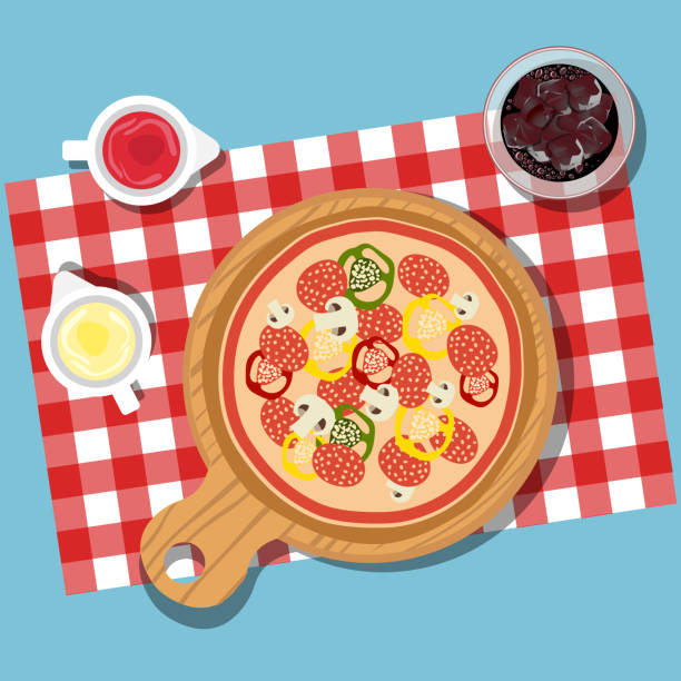 ilustrações de stock, clip art, desenhos animados e ícones de pizza on table with bottles of ketchup and mayonnaise served with glass of juice with ice. served dinner on table, top view. flat vector illustration - pizza table