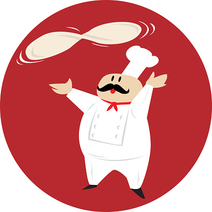 Pizza restaurant logo featuring chef spinning pizza base