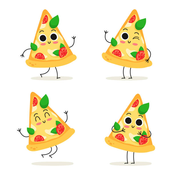illustrazioni stock, clip art, cartoni animati e icone di tendenza di fetta di pizza. set di caratteri fast food isolato su bianco - pizza