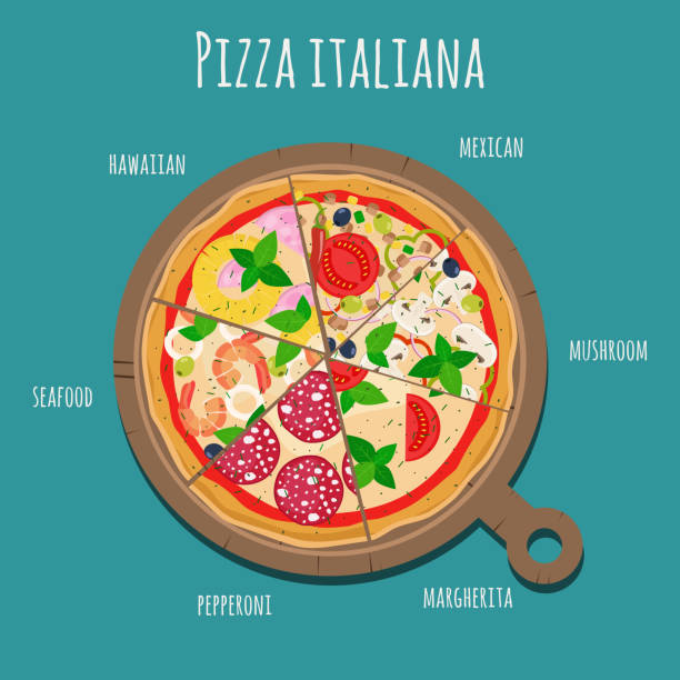 Pizza slices on the board. Pizza ingredients. Vector illustration. Flat design. margherita stock illustrations