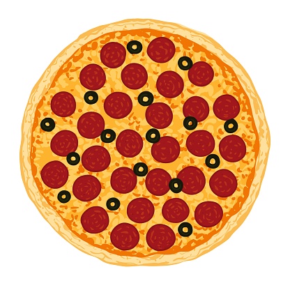 Pizza topped with mozzarella cheese, pepperoni and black olive. Vector illustration of hand drawn Pepperoni pizza.