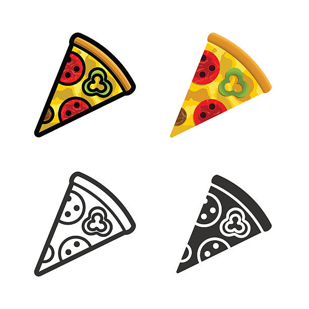 Pizza vector colored icon set Pizza vector cartoon, colored, contour and silhouette styles icon set. Tasty fast food unhealthy meal. Isolated dishes on white background. cheese silhouettes stock illustrations