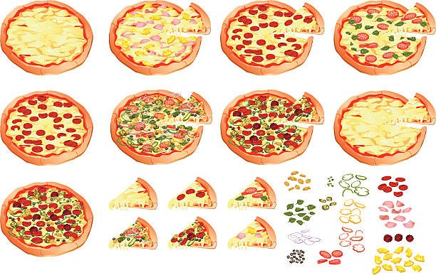 Pizza Vector Illustration of a variety of pizzas and ingredients. The different pizzas are in separate layers in order to make it easy to create your own variation. High resolution jpg image and original CS3 Illustrator file included. pizza stock illustrations