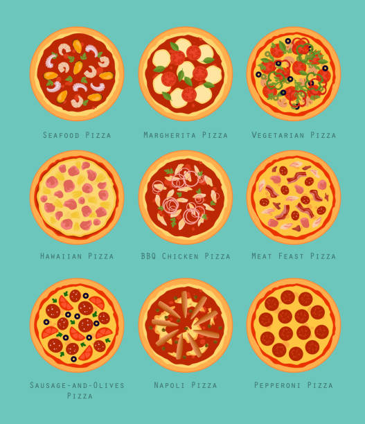 Pizzas set flat style Set of nine types of pizza: BBQ Chicken, Hawaiian, Margherita, Meat Feast, Napoli, Pepperoni, Seafood, Vegetarian, Sausage-and-olives Pizzas. Flat style vector illustration. margherita stock illustrations