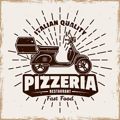 Pizzeria vector emblem, badge, label or emblem with scooter in vintage colored style isolated on background with grunge texture