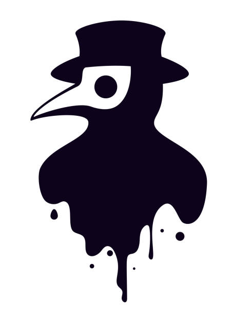 鼠疫醫生頭輪廓與鳥面具和帽子，向量插圖在黑色和白色。 - 傳染病 幅插畫檔、美工圖案、卡通及圖標