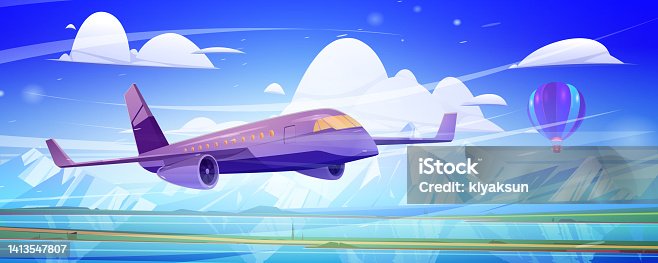 istock Plane fly in blue sky with clouds 1413547807