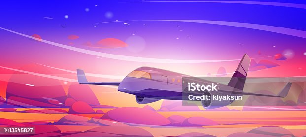 istock Plane fly in morning sky with pink fluffy clouds 1413545827