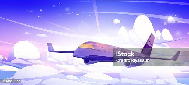istock Plane fly in sky with white fluffy clouds and sun 1413544957