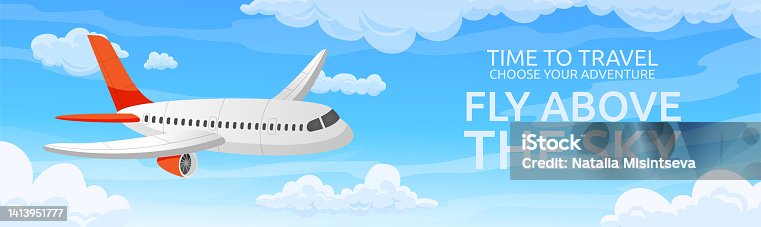 istock Plane flying at sky. Time to travel by aircraft. Aviation transportation. Airplane flight in clouds. Air freight deliver or passenger airline. Aerial transport. Vector cartoon banner 1413951777