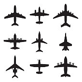Airplane icons set isolated on white background. Vector silhouettes of passenger aircraft, fighter plane and screw.
