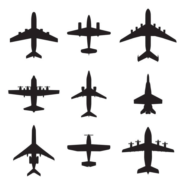 Plane icon set. Airplane silhouettes. Vector illustration. Airplane icons set isolated on white background. Vector silhouettes of passenger aircraft, fighter plane and screw. military airplane stock illustrations