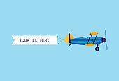 Retro plane or biplane flying with the ribbon advertising or promo banner flat vector illustration isolated on blue background. Aviation design for web banners and posters.