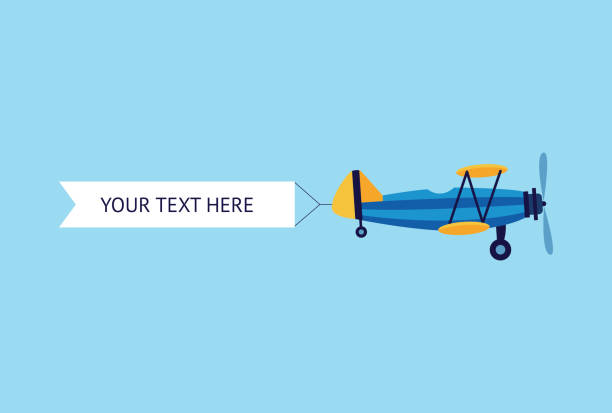 Plane or biplane with the ribbon banner flat vector illustration isolated on blue. Retro plane or biplane flying with the ribbon advertising or promo banner flat vector illustration isolated on blue background. Aviation design for web banners and posters. airplane stock illustrations