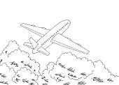 istock Plane takes off above the clouds graphic black white sketch illustration vector 1344743413