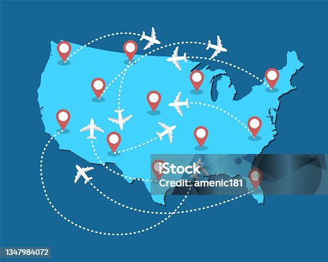 istock Planes routes flying over United States map, tourism and travel concept Illustrations 1347984072