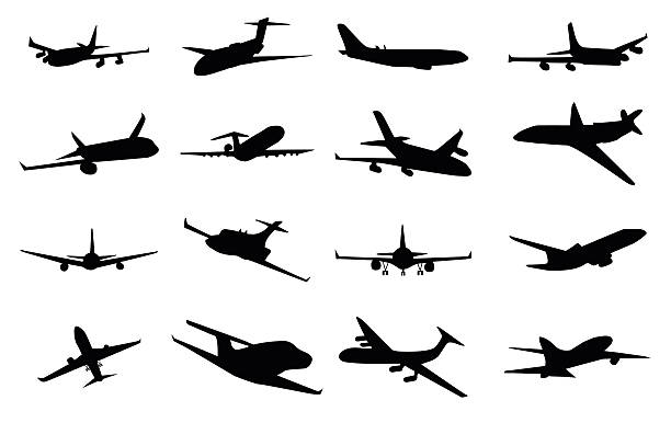 Planes silhouette set Planes silhouette set, collection of black images on white background airplane silhouettes stock illustrations