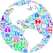 Planet Earth New Year Celebration Party. This illustration features the main shape composed of New Year Celebration icons. The vector icons fill in the object and form a seamless pattern. The icons vary in size and color and the background is light.  The icons include such New Year favorites as holiday party, New Year’s clock, dancing, cityscape fireworks and many more.
