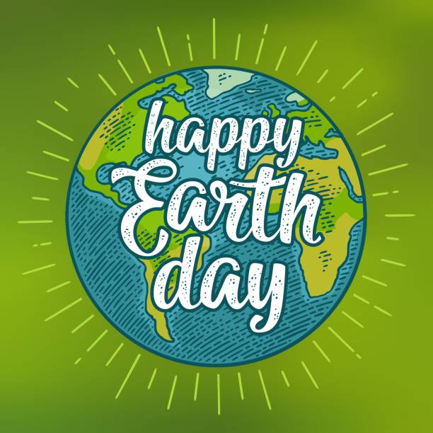 Planet. Happy Earth Day lettering. Vector color vintage engraving illustration Planet globe. Happy Earth Day calligraphic handwriting lettering with ray. Vector color vintage illustration isolated on a green mesh gradient background. For web, square poster, info graphic. earth day stock illustrations