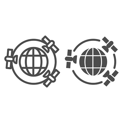 Planet with GPS satellites line and solid icon, Navigation concept, three satellites orbiting Earth sign on white background, Planet Earth and satellite icon in outline style. Vector graphics