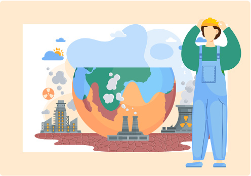 Planet with gray clouds of smoke surrounded by a lifeless land with cracks, environmental pollution theme with ax man cuts trees to build cities, factories pollute the air with smoke flat vector