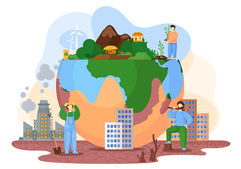 Planet with green trees and bushes surrounded by a lifeless land with cracks, environmental pollution theme with ax man cuts trees to build cities, factories pollute the air with smoke flat vector