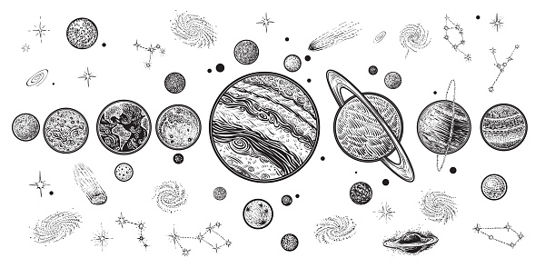 Planets and space hand drawn vector illustration. Solar system with satellites.