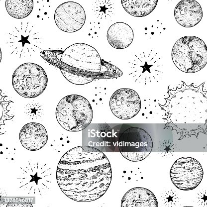 istock Planets pattern hand drawn. Hand drawn space seamless pattern. Vector illustration. Hand drawn space seamless pattern. Space background. 1328546817