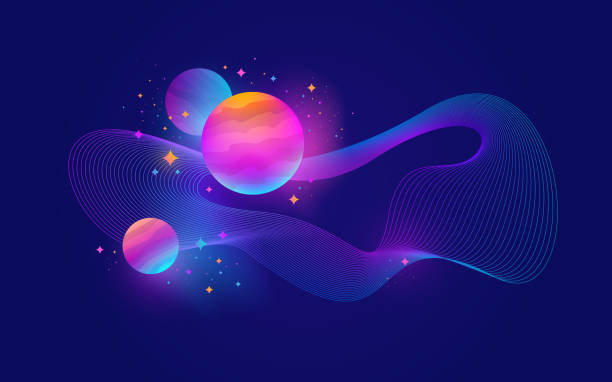 Planets with glow effect, stars and abstract waveform Planets with glow effect, stars and abstract waveform - vector illustration, orbiting stock illustrations
