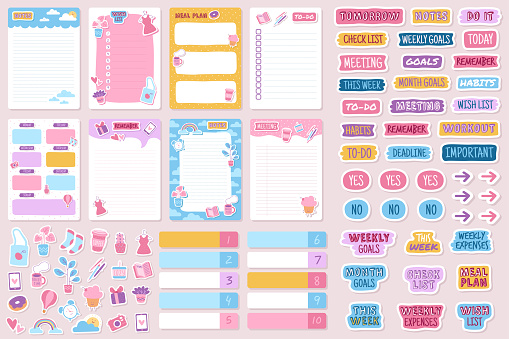 Planner and stickers. Organized daily notebooks, diary agenda reminder. Check lists calendar cards, weekly labels template vector set
