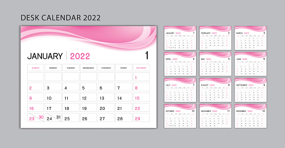 Planner design, Set Desk Calendar 2022 template Vector, wall calendar 2022 year, Week Start On Sunday, Stationery, Printing, advertisement, pink wave background