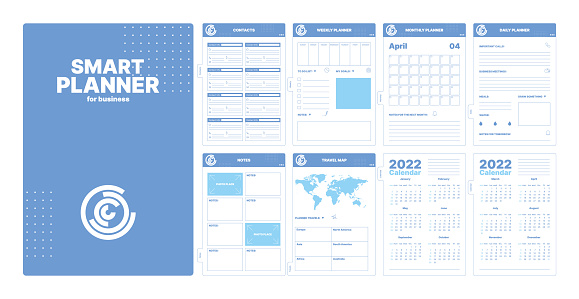 Planner pages. Month date weekly goals organizer templates school scrapbook page calendar checklist garish vector pictures of reminder