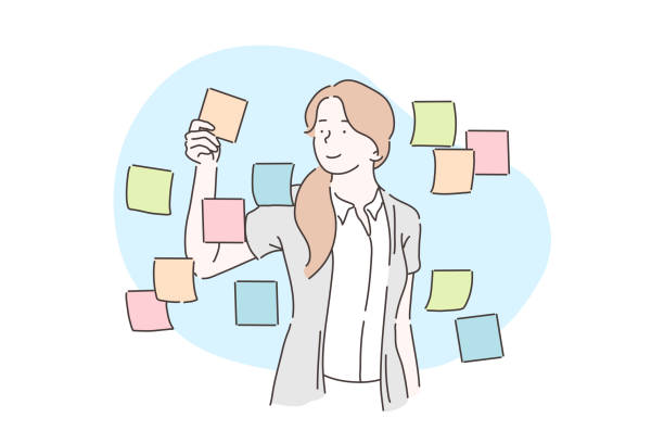 Planning, analysis, business plan concept. Planning, analysis, business plan concept. Businesswoman sticking adhesive notes on wall in office. A young girl glues paper stickers on the glass. Vector flat design. glue stick stock illustrations