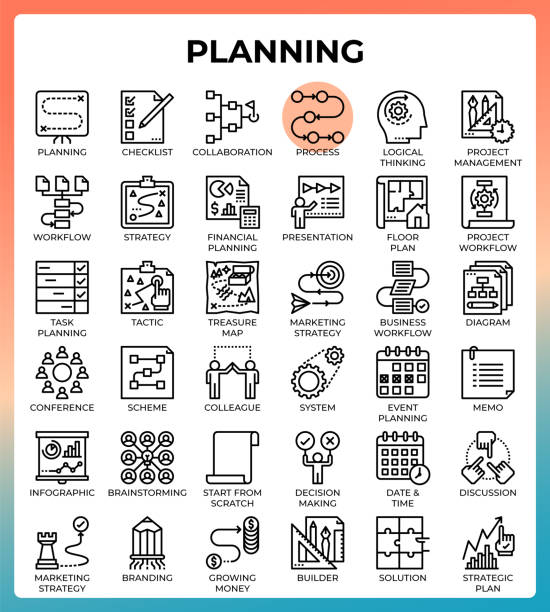 Planning concept icon set Planning concept icon set in modern line icon style for ui, ux, web, mobile app design, etc. icon drawings stock illustrations