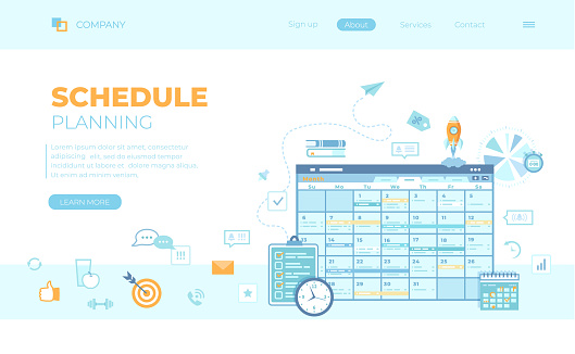 Planning Schedule Online app web page interface planner, organizer, calendar, project plan with tasks and reminders. Can use for web banner, landing page, web template. Vector illustration