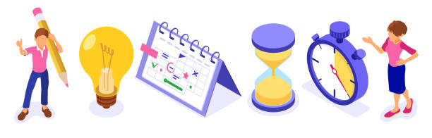 bildbanksillustrationer, clip art samt tecknat material och ikoner med planering av tidshantering för schema - calendar clock