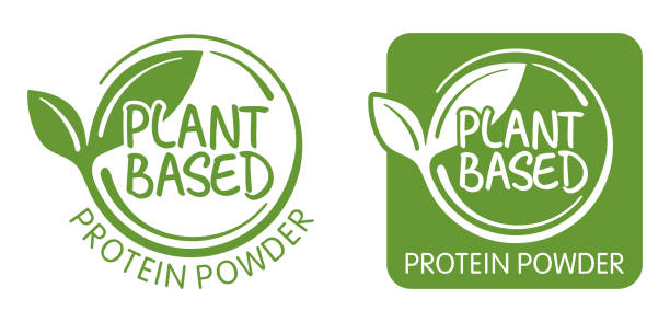 Plant-based protein powder label for nutrients Plant-based protein powder stamp for natural nutrients labeling. Flat vector eco-friendly illustration pea protein powder stock illustrations
