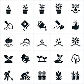 A set of icons representing planting, growing and cultivating of plants and trees. The icons include seeds, planting, plants, plants growing, trees growing, cultivation, watering, flowers, soil preparation and seedlings among others.
