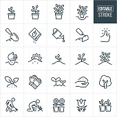 A set of planting and growing icons with editable strokes or outlines using the EPS file. The icons include a plant growing up in different stages of growth, a plant being planted, a tree being planted, garden shovel, seeds, watering pot, garden hoe, green thumb, hand planting seeds, tree sprouting, garden gloves, tree buds, soil, tree, person using rake, person tending to small plant, flowers and other related icons.