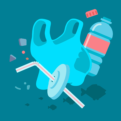 Plastic bag floating adrift in the sea, along with small pieces of microplastics and other debris polluting the aquatic environment. Vector flat illustration