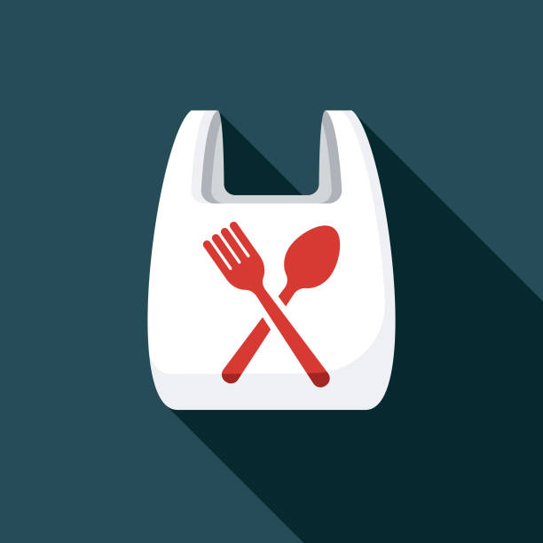 Plastic Bag Food Delivery Icon A flat design food delivery icon with a long shadow. File is built in the CMYK color space for optimal printing. Color swatches are global so it’s easy to change colors across the document. take out food stock illustrations