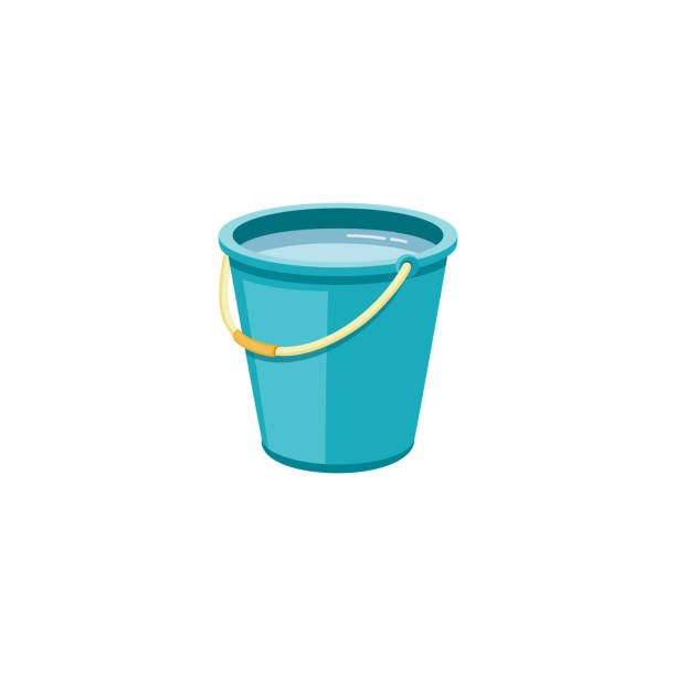 Plastic blue bucket with water for household cleaning and home washing. Plastic blue bucket with water for household cleaning and home washing. Plastic bucket, pail and container with handle, household equipment. Isolated vector cartoon illustration. bucket stock illustrations