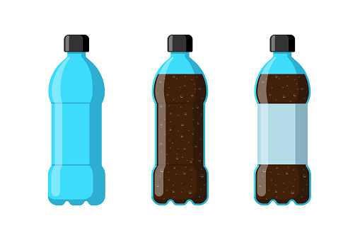 Plastic bottle set empty with soda beverage and label. Carbonated drink with bubbles in tare flat vector illustration