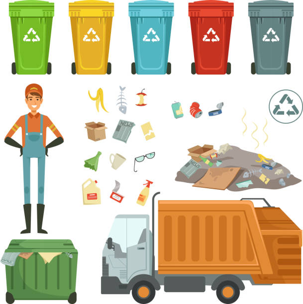 пластиковые контейнеры для различных мусора. векторная иллюстрация мусороуб...