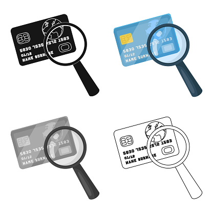 Plastic credit card with a magnifying glass. Detective looking for fingerprints.Detective single icon in cartoon style vector symbol stock web illustration.