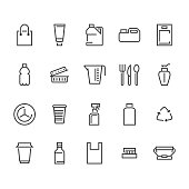 Plastic packaging, disposable tableware line icons. Product packs, container, bottle, canister, plates cutlery. Container thin signs, waste recycling. Pixel perfect 48x48